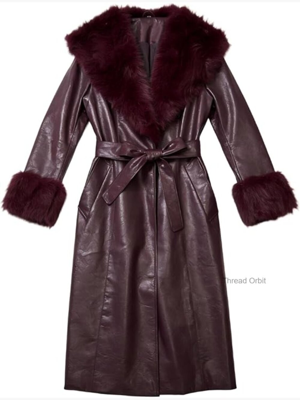 Faux Leather Coat with Faux Fur Collar, Long Sleeve Winter Coat with Belt - Picture 1 of 7